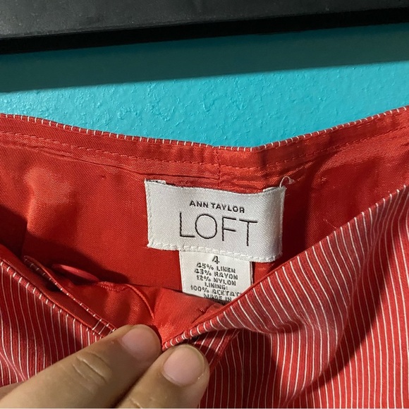 LOFT 4 Red White Pinstripe Linen Blend Straight Leg Pants - Picture 4 of 5